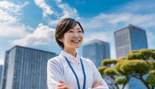 Firefly 背伸びしている30歳女性ケアマネジャー　日本人　青空の下　住宅街　服装はカジュアル　力強い笑顔 9087
